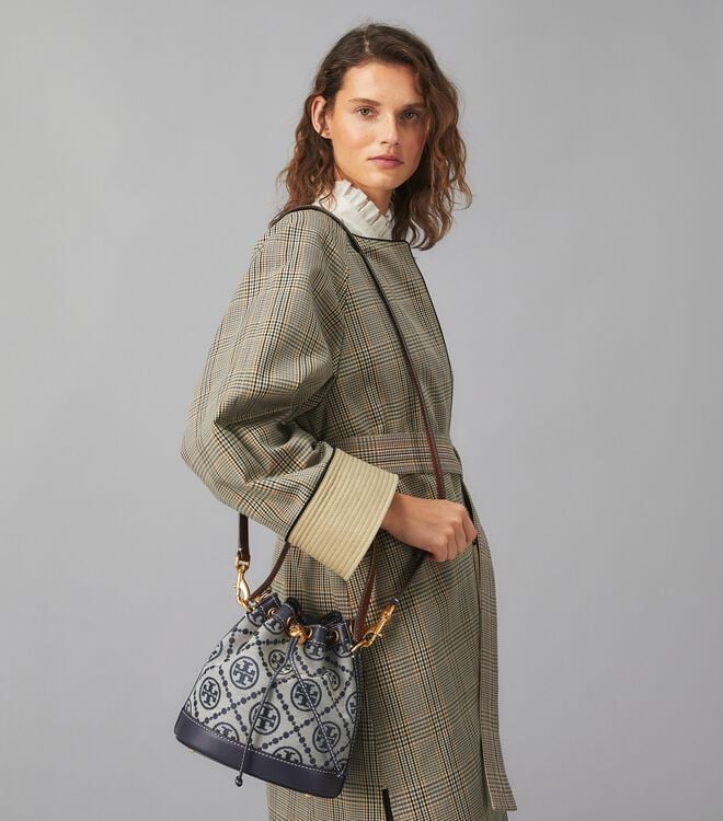 Tory Burch Navy T Monogram Bucket Bags