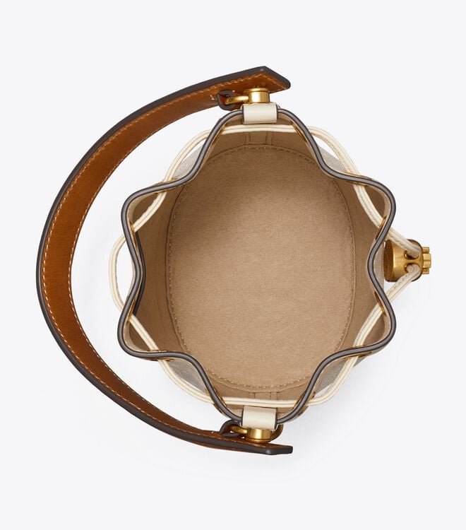 Tory Burch Beige Mini T Monogram Bucket Bags