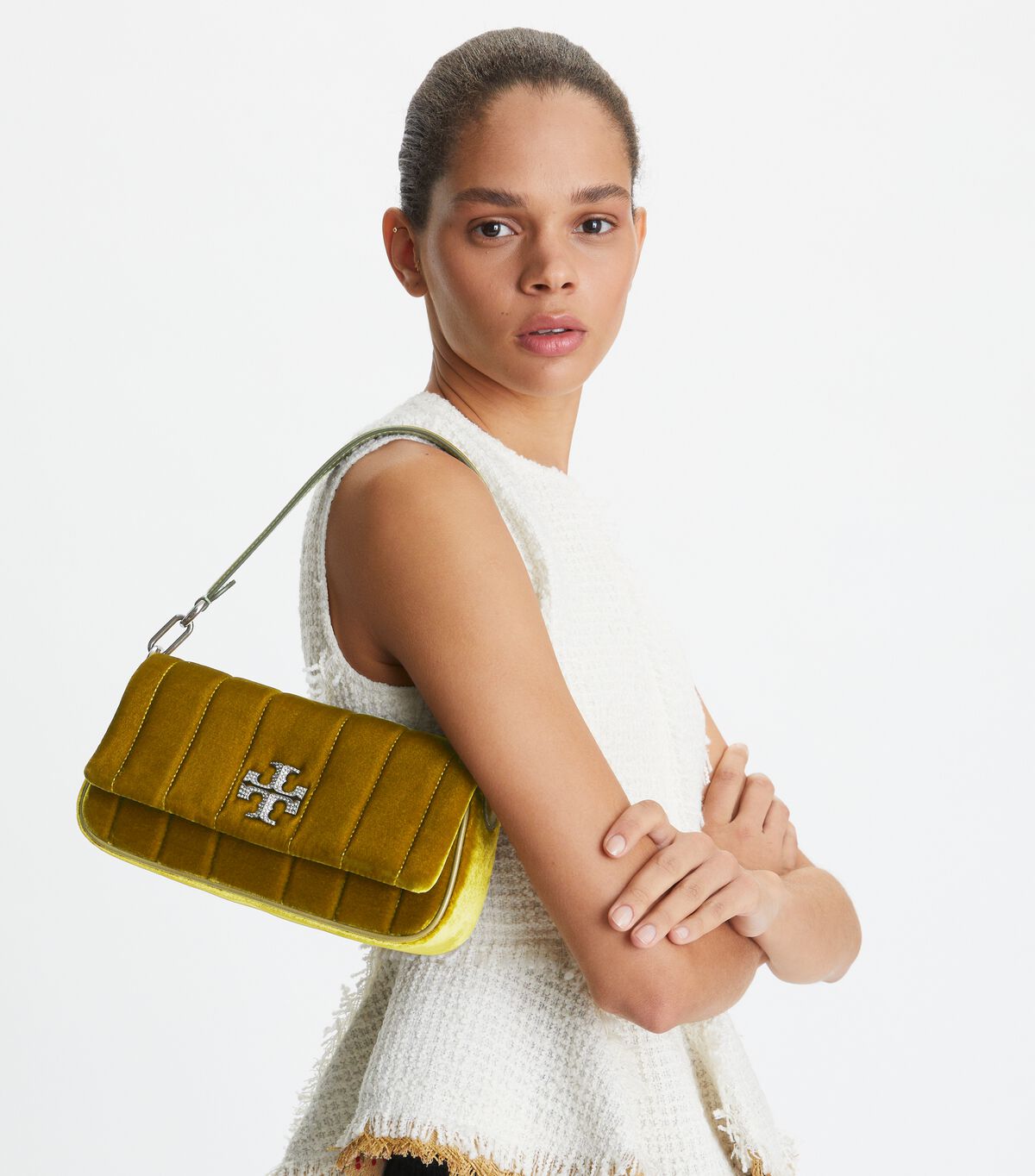 Tory Burch Dark Yellow Small Kira Velvet Flap Shoulder Bags