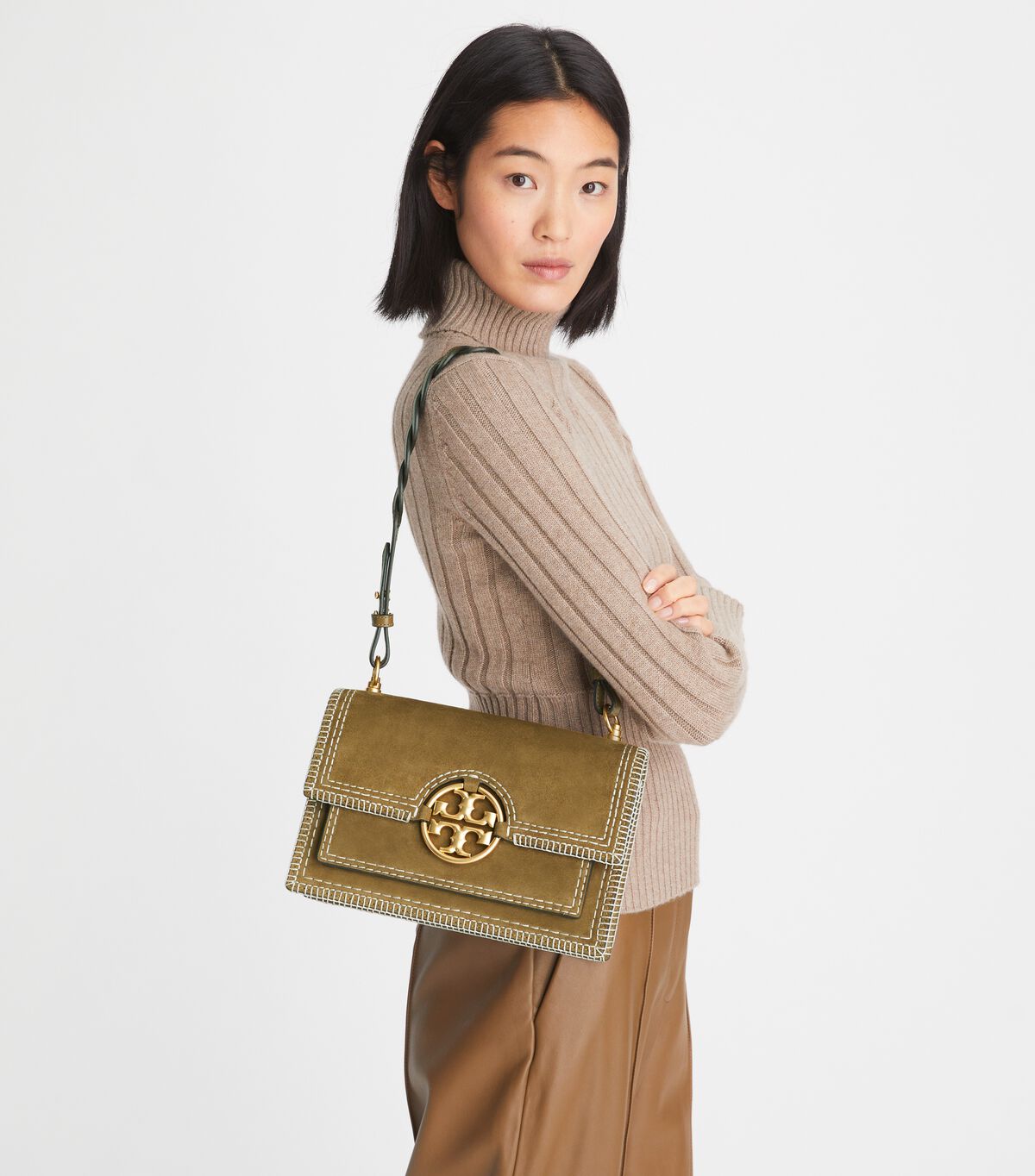 Tory Burch Brown Miller Suede Stitched Flap Shoulder Bags