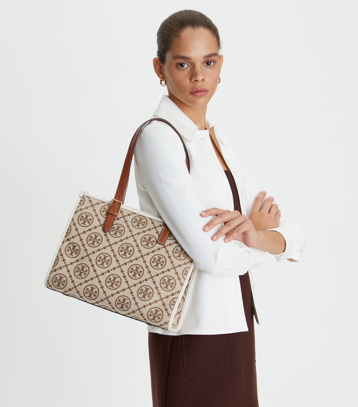 Tory Burch Brown / White Small T Monogram Tote Bags