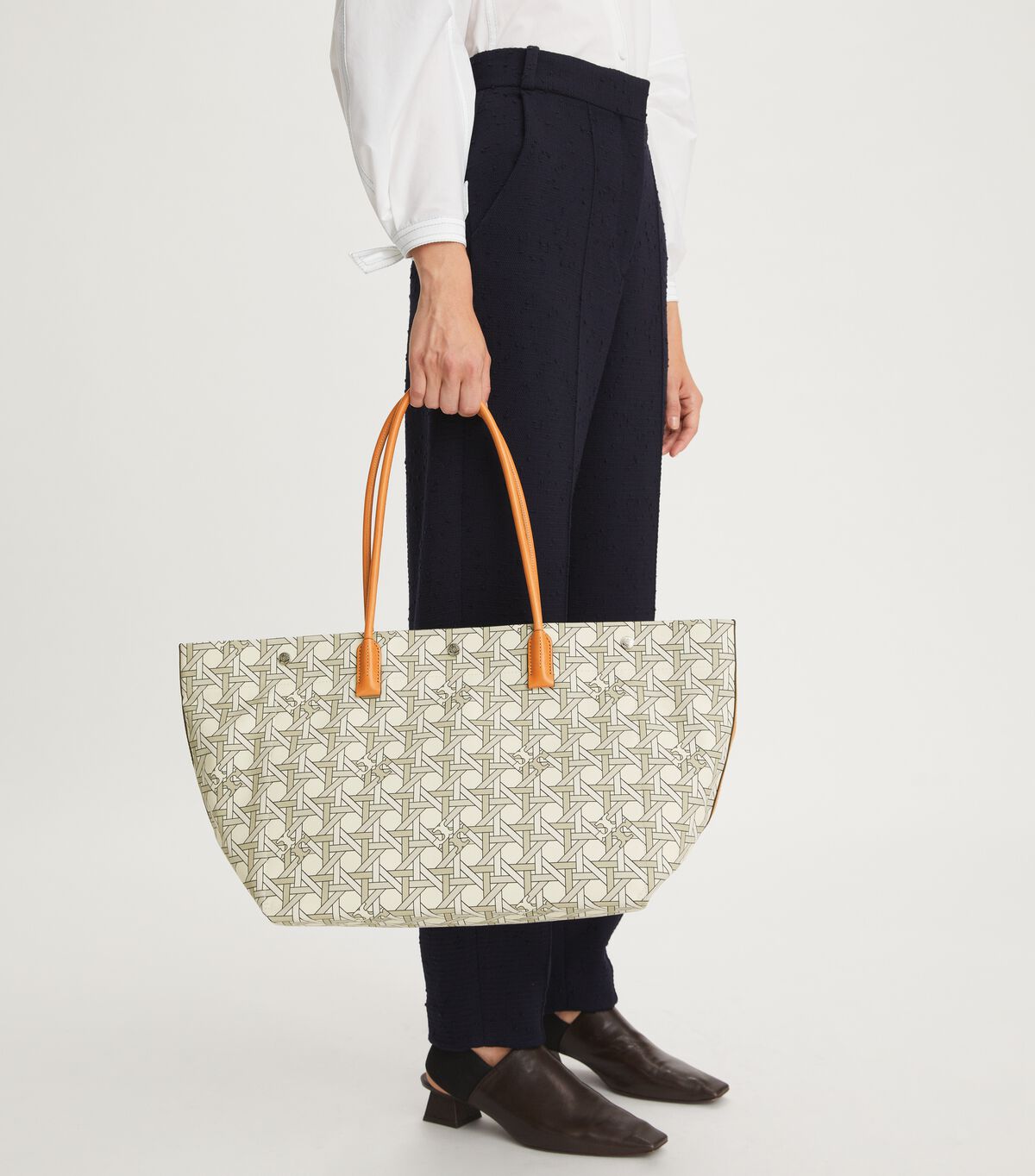 Tory Burch White Canvas Basketweave Tote Bags