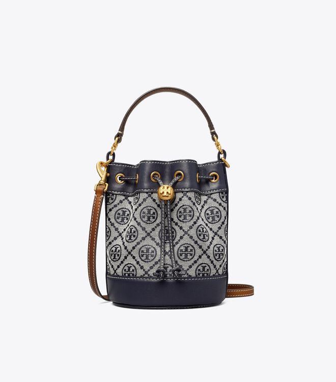 Tory Burch Navy Mini T Monogram Bucket Bags