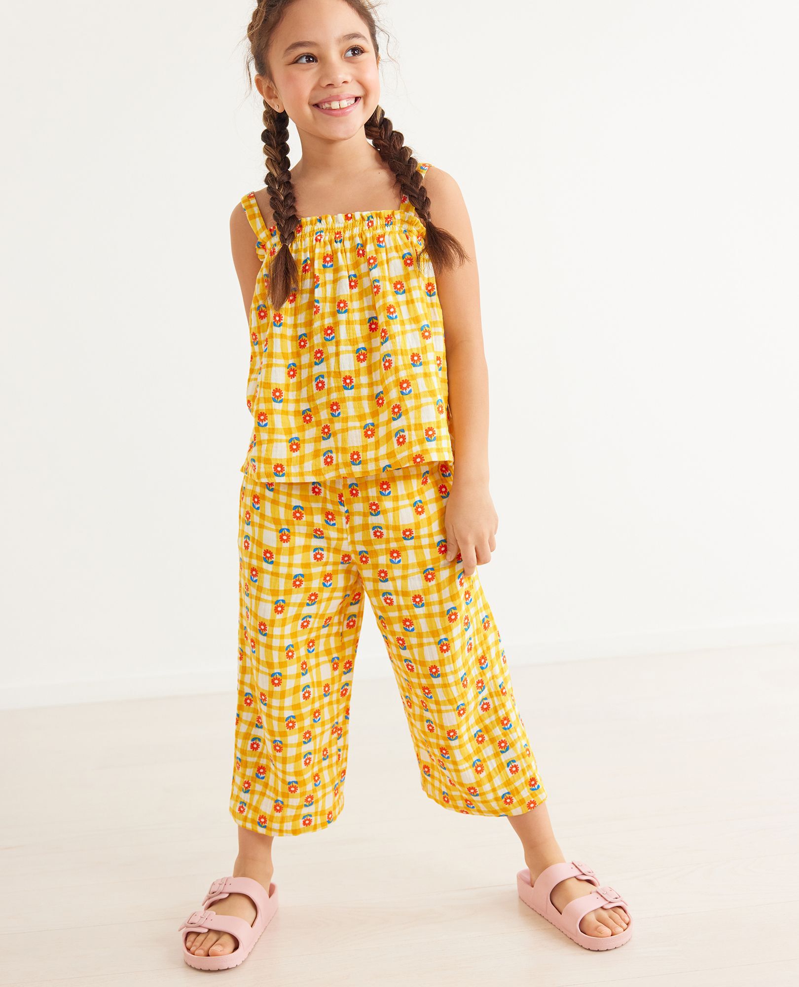 Print Wide Leg Smocked Muslin Pant