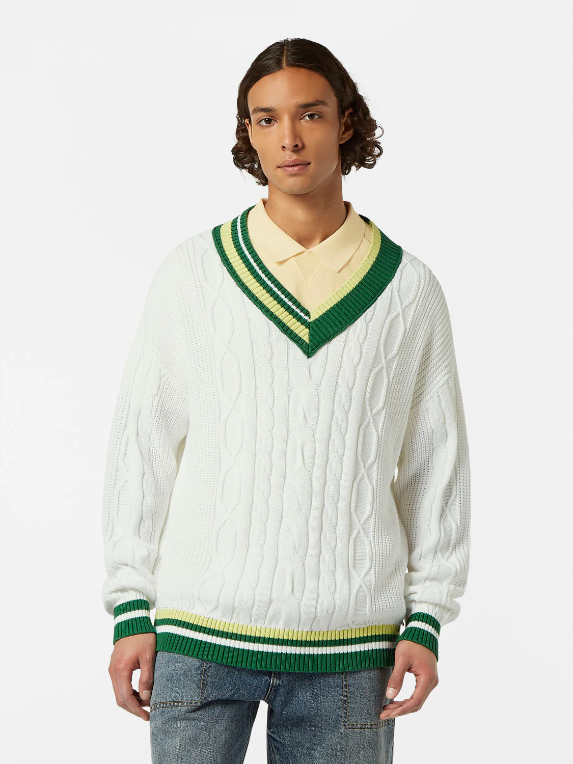 V-Neck Drop Shoulder Cable Knit Pullover