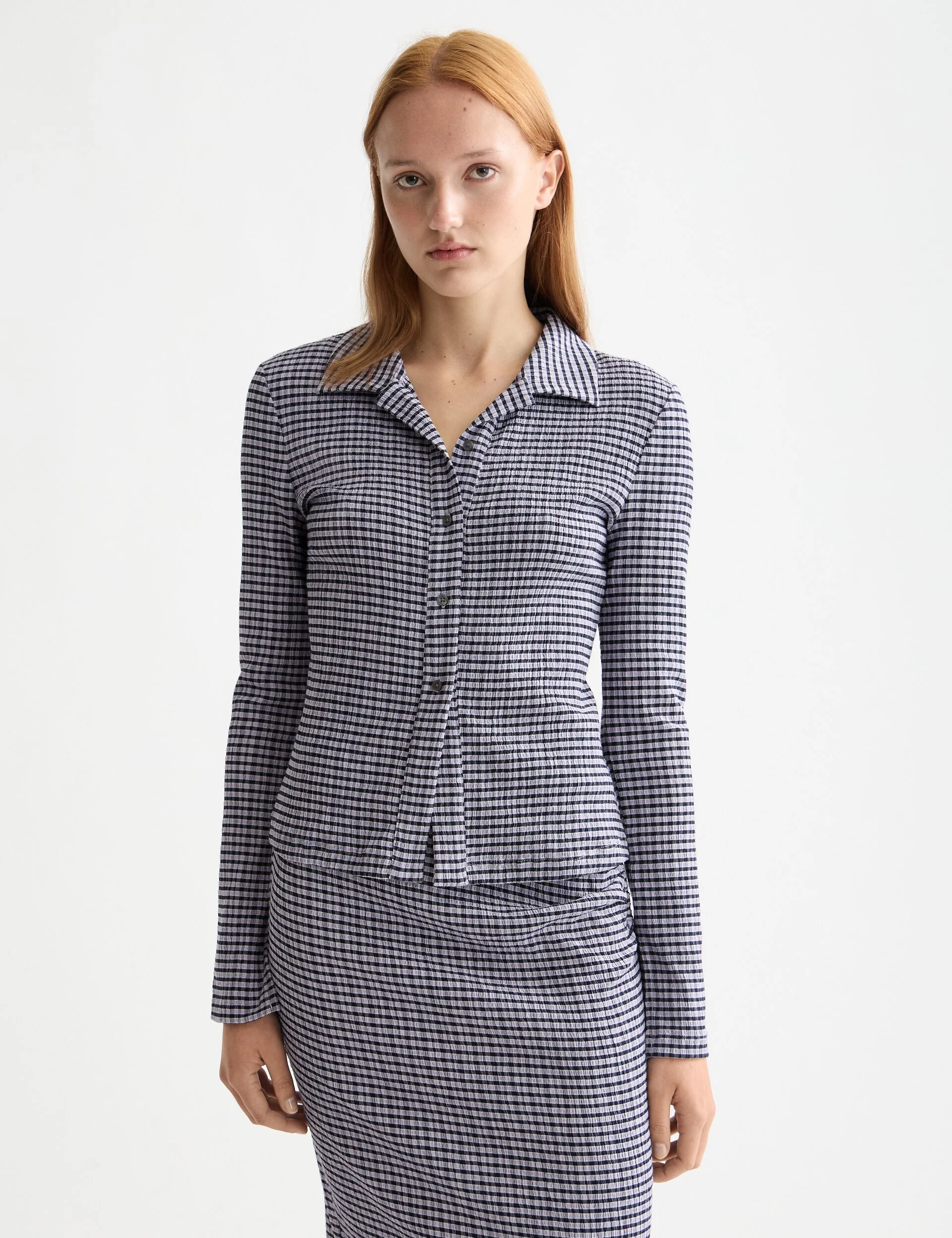 Structured gingham button up long sleeve T-shirt