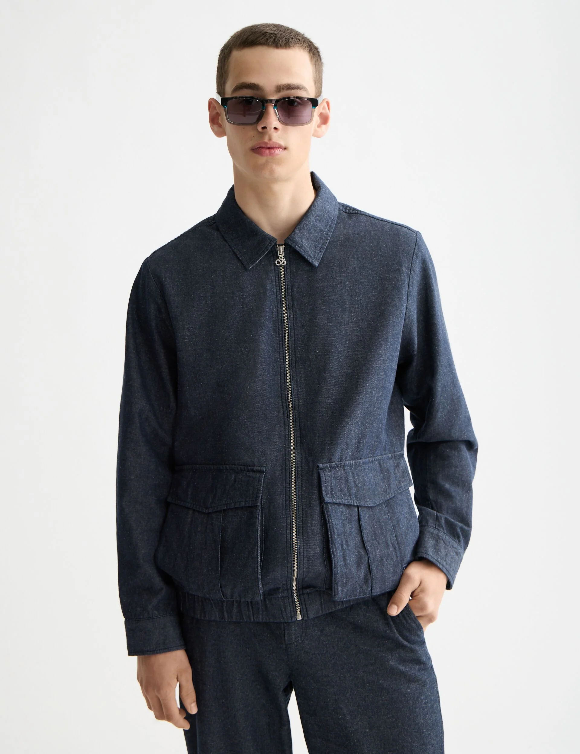 Cotton linen zip-thru twill blouson