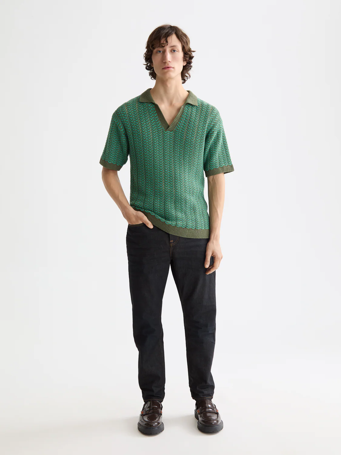 Open Structured Knitted V-Neck Polo