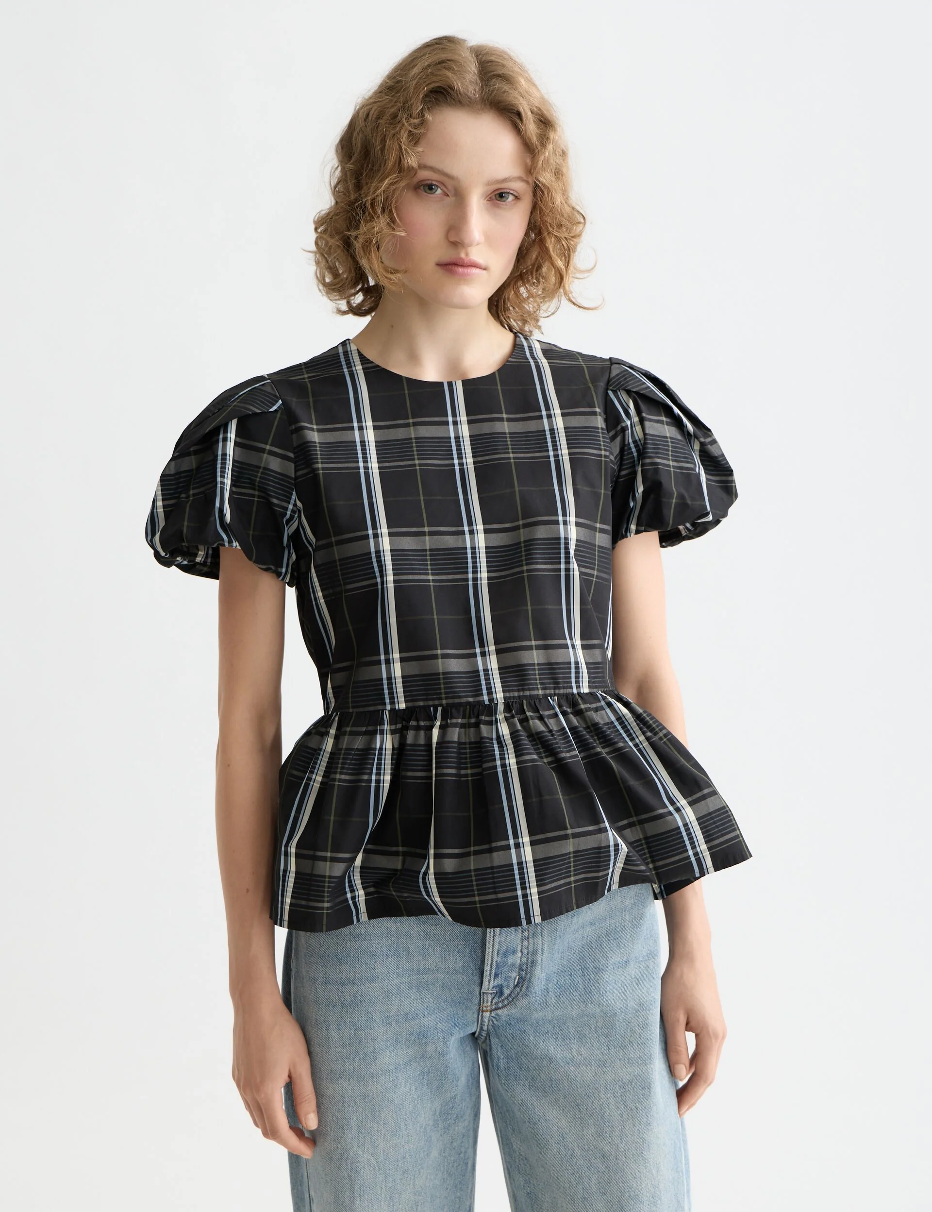 Cap sleeve taffeta top with peplum