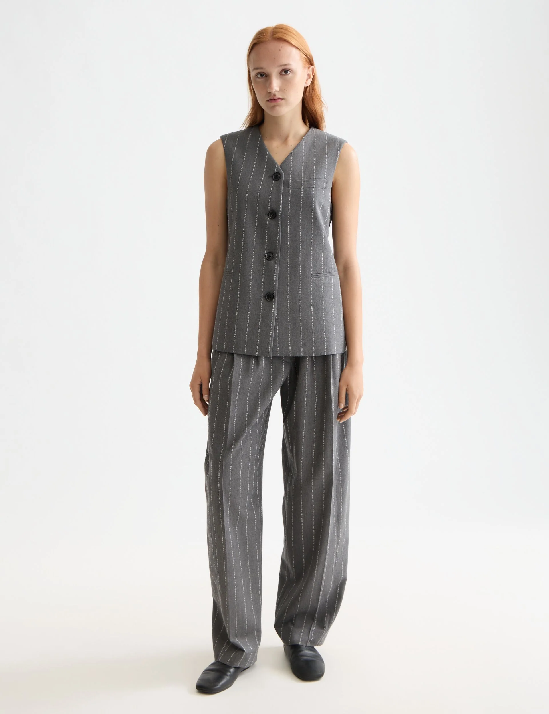 Quinn pinstripe mid-rise pleat front wide leg pant