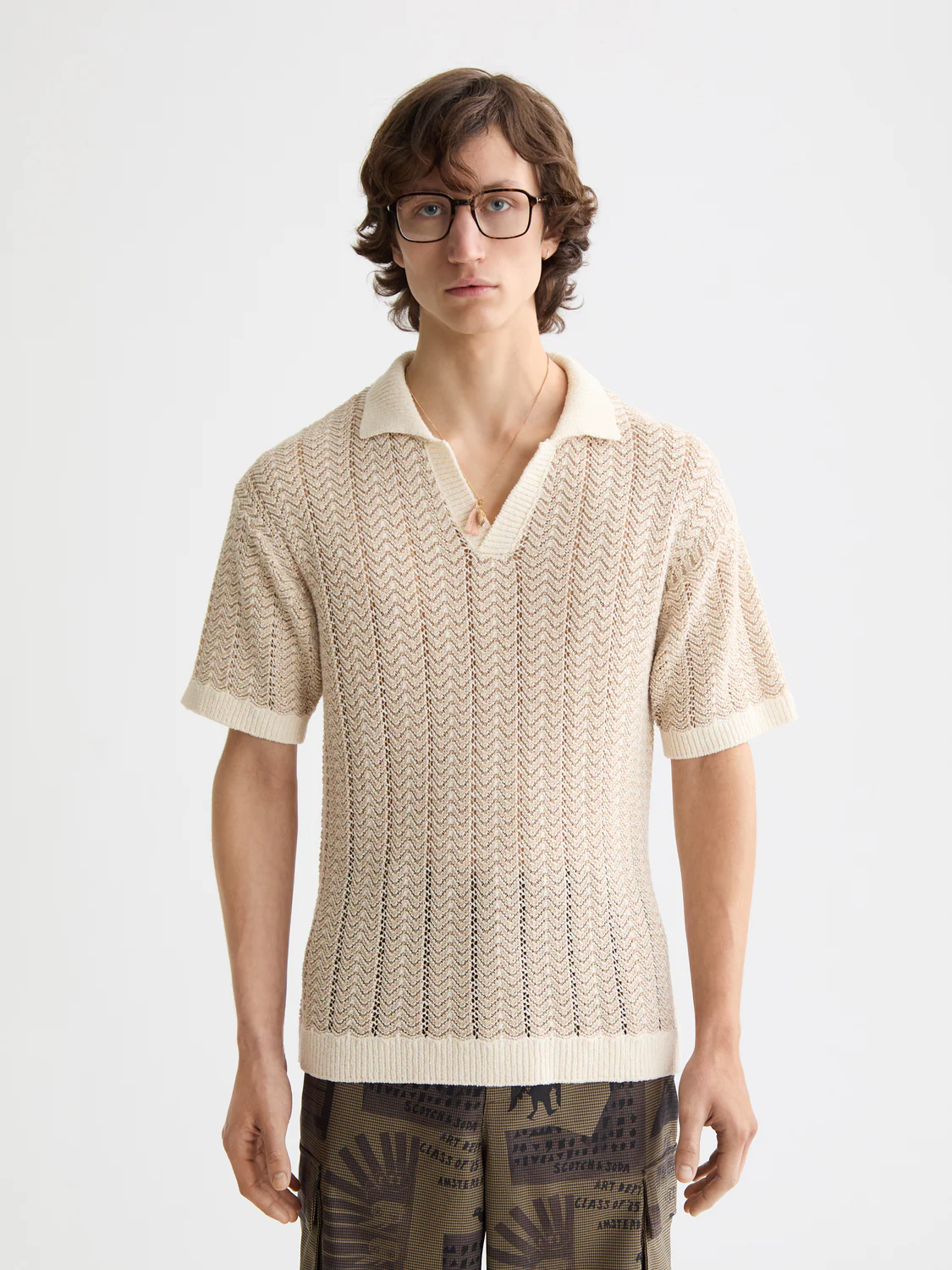 Open Structured Knitted V-Neck Polo