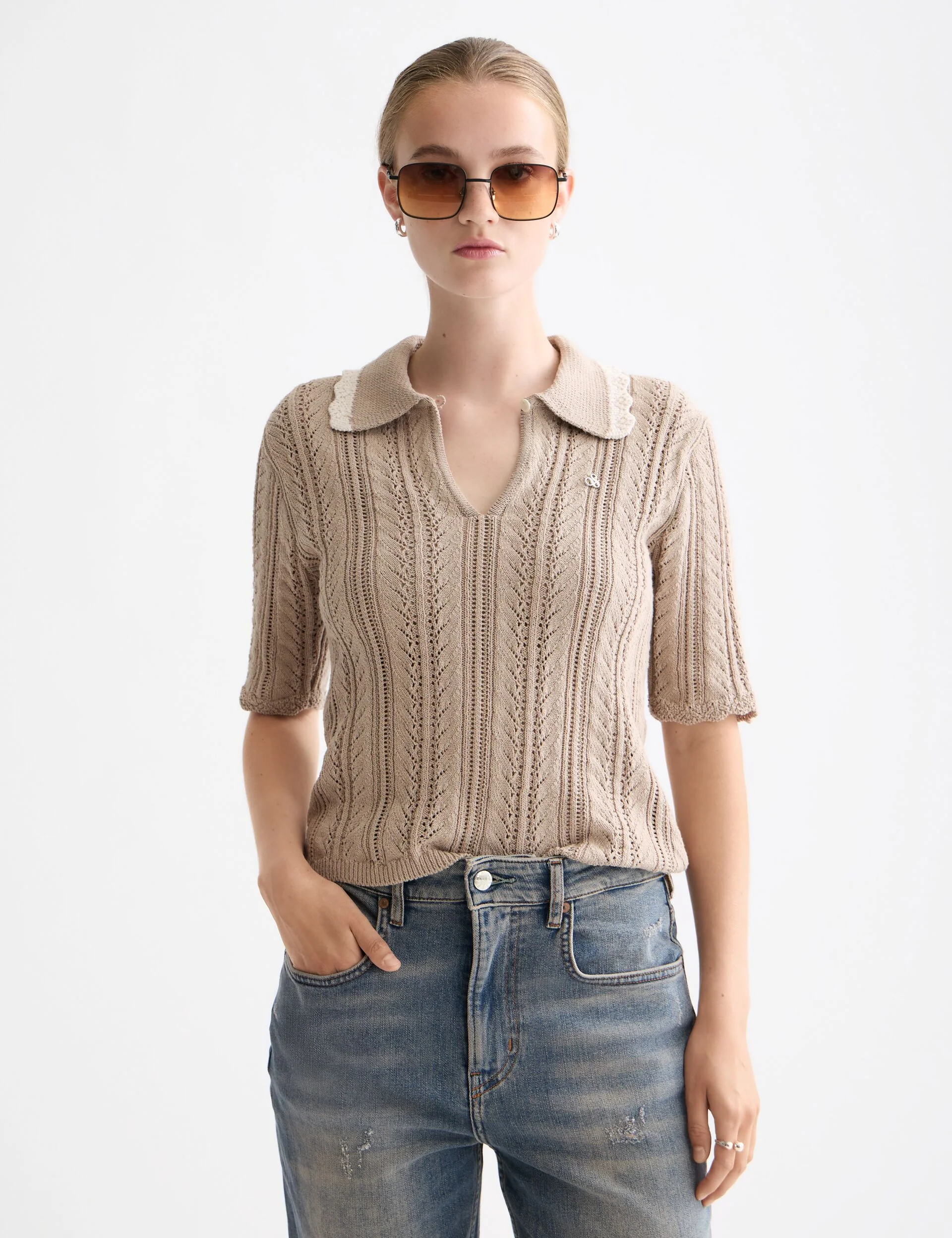 Pointelle collared knitted polo