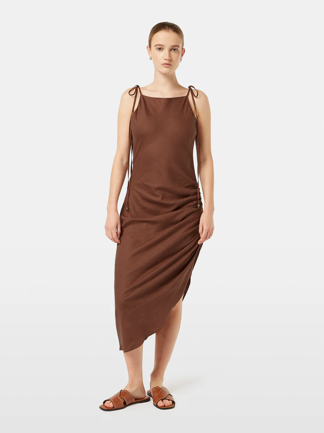 Linen Viscose Gathered Midi Dress