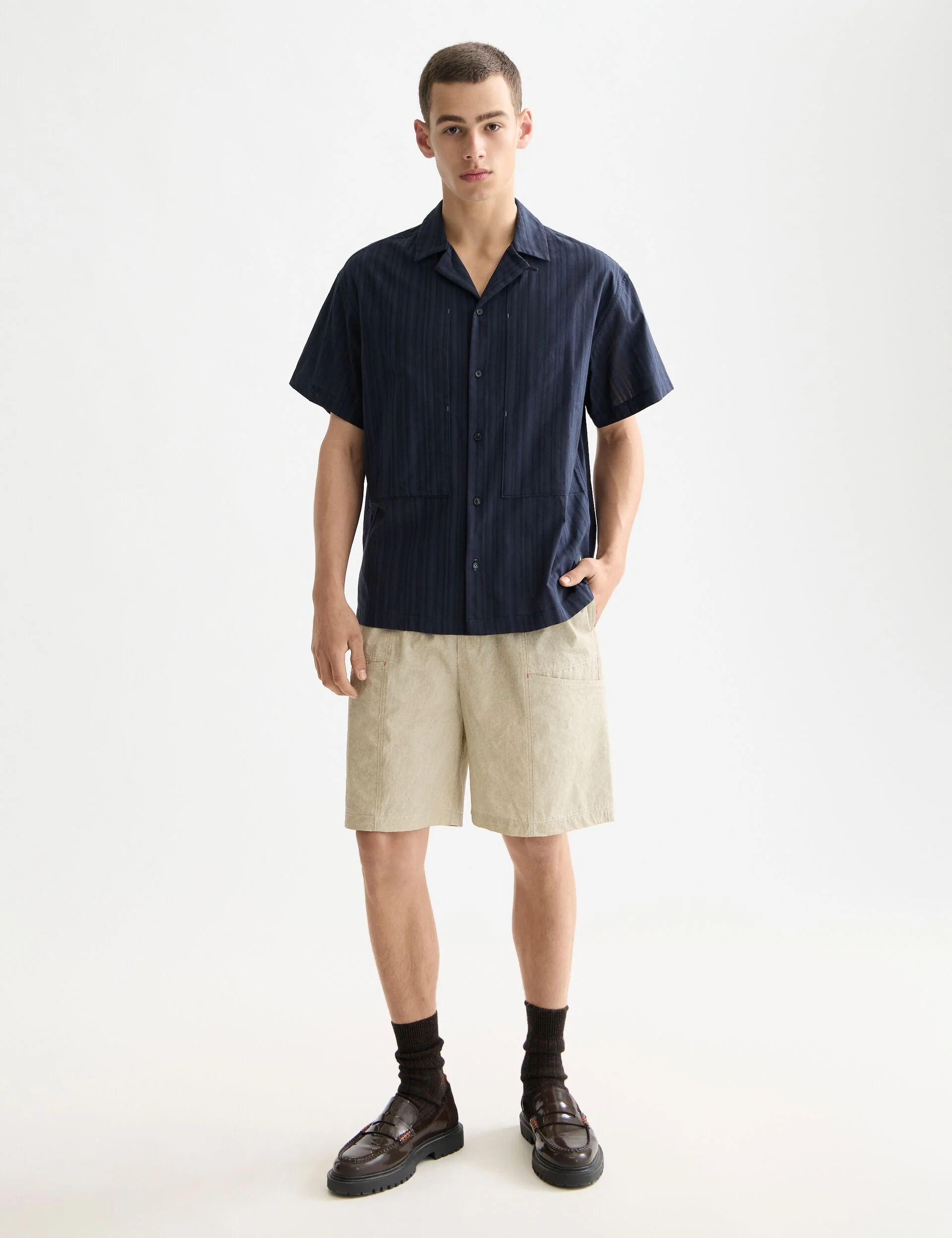 Structured-stripe short-sleeved shirt