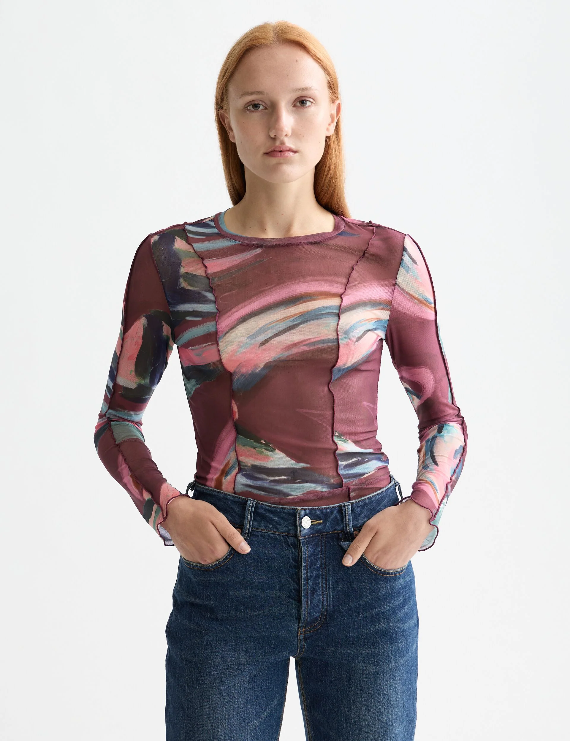 All over printed mesh long sleeve T-shirt