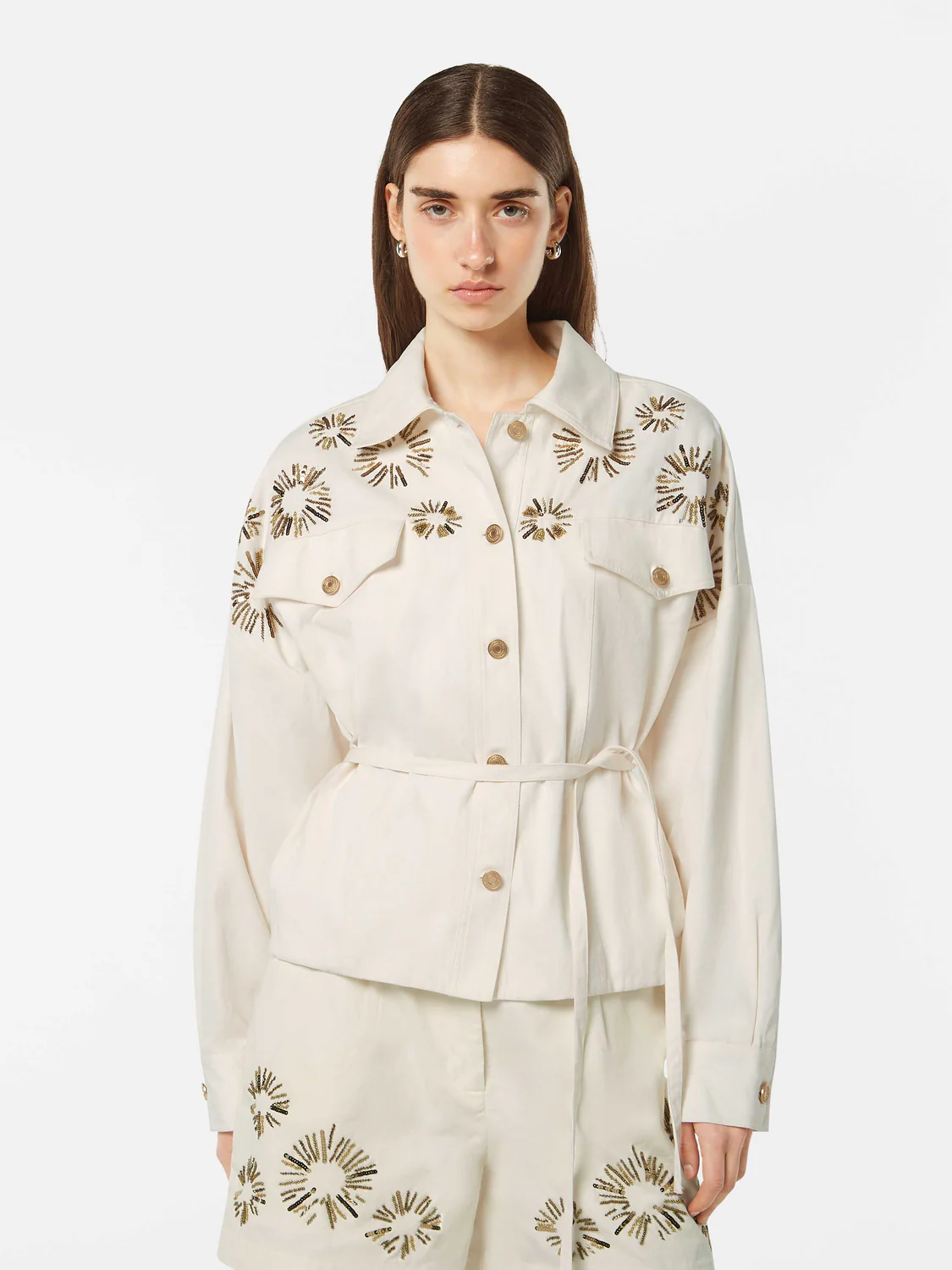 Embellished Belted Cotton Trucker Jacket