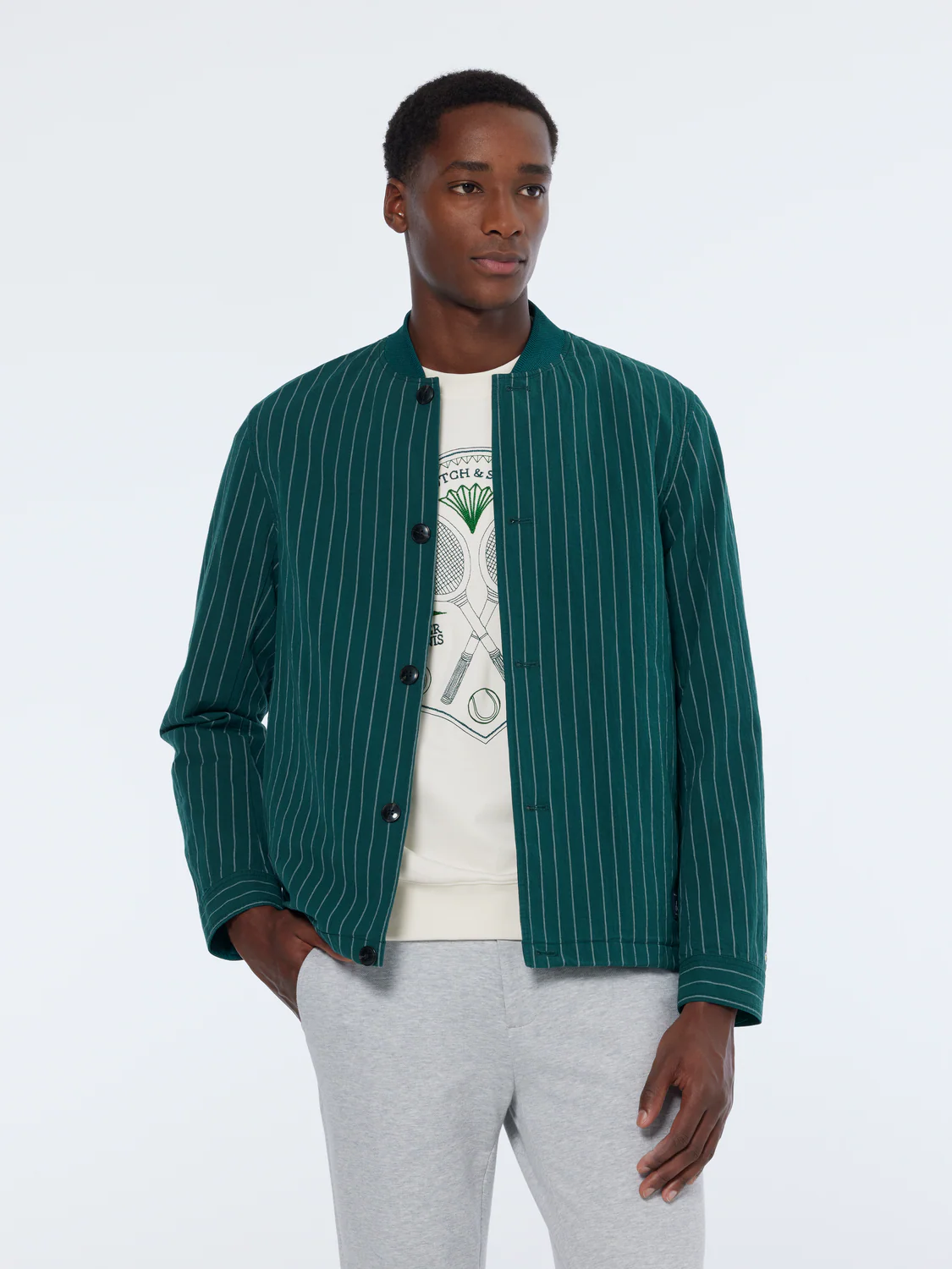 Pinstriped Cotton-Blend Button Up Jacket