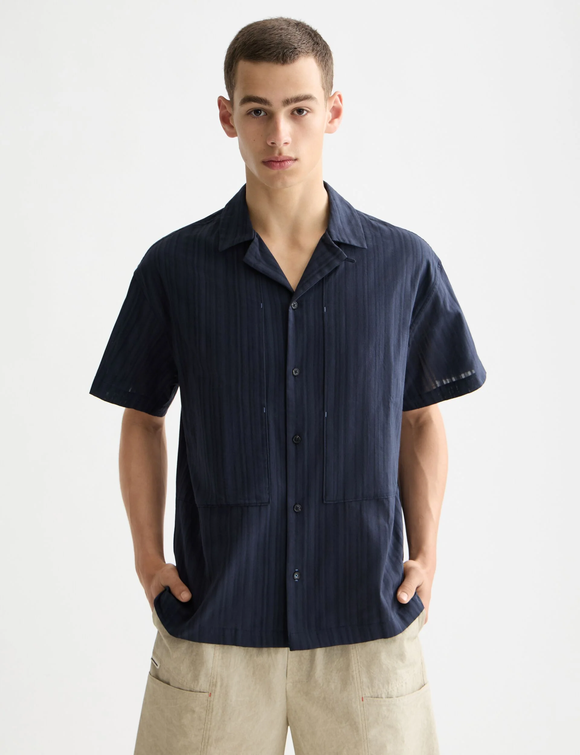 Structured-stripe short-sleeved shirt