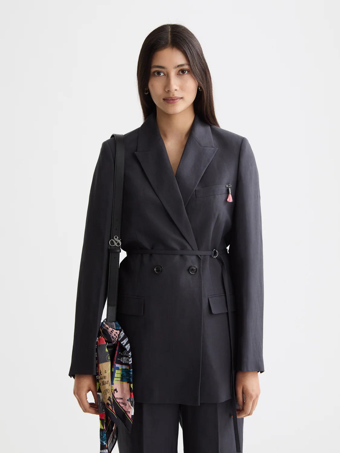 Double Breasted Belted Drapey Blazer