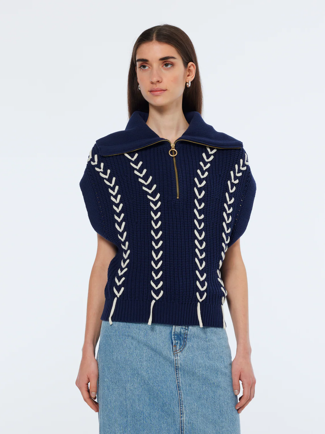 Lace Detail Half Zip Collared Vest