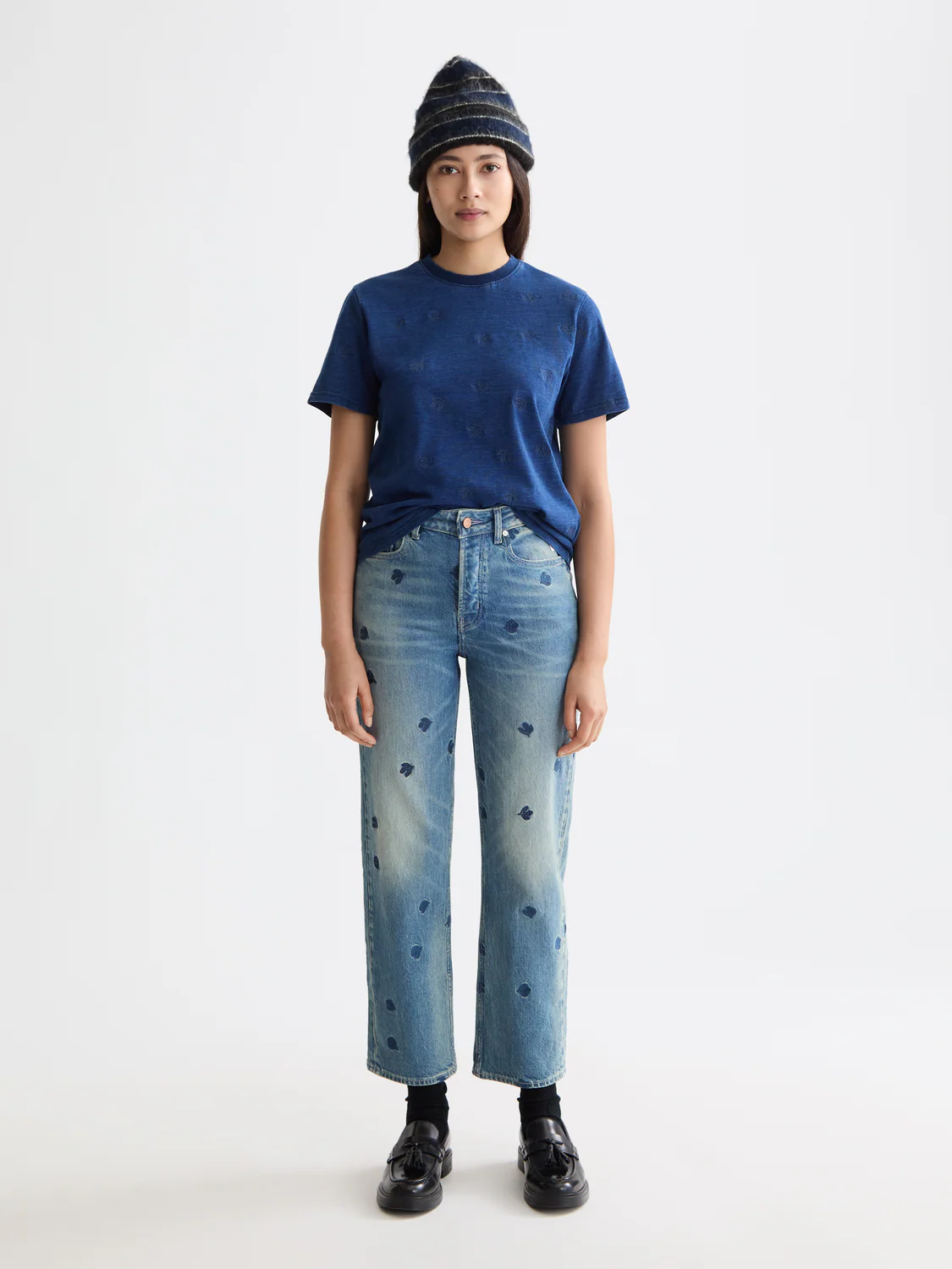 Washed Indigo Regular Fit T-Shirt With Allover Embroidery