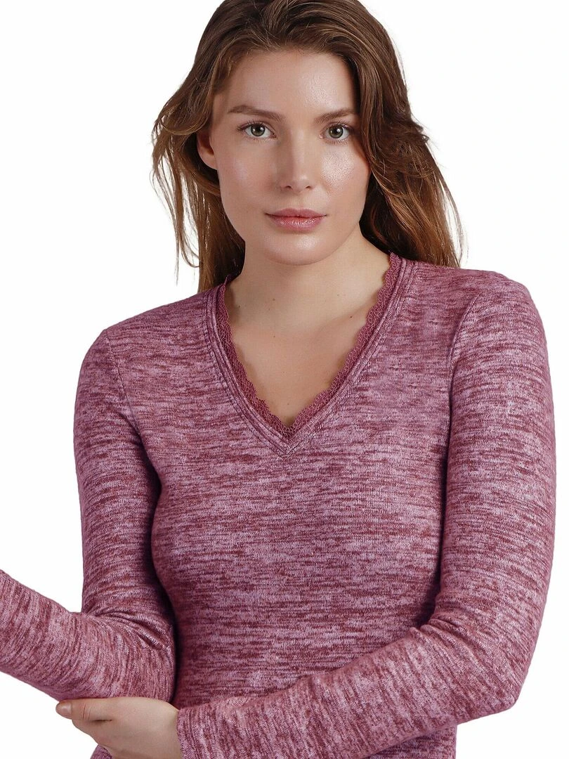 Top manches longues col V Puntilla   Bordeaux