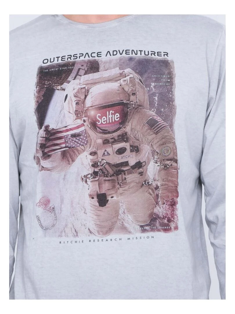 T shirt manches longues col rond pur coton JOSTON   Gris