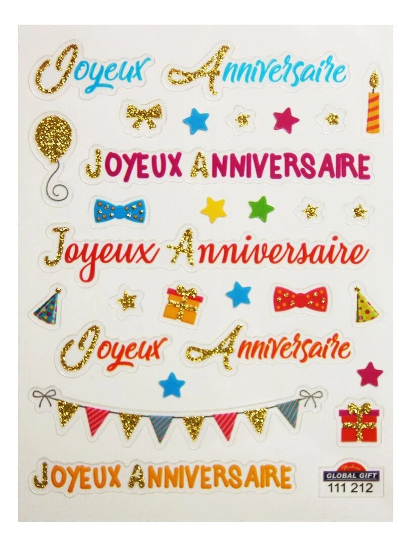 Stickers "Joyeux Anniversaire" Couleur et paillettes 1 8 cm N/A
