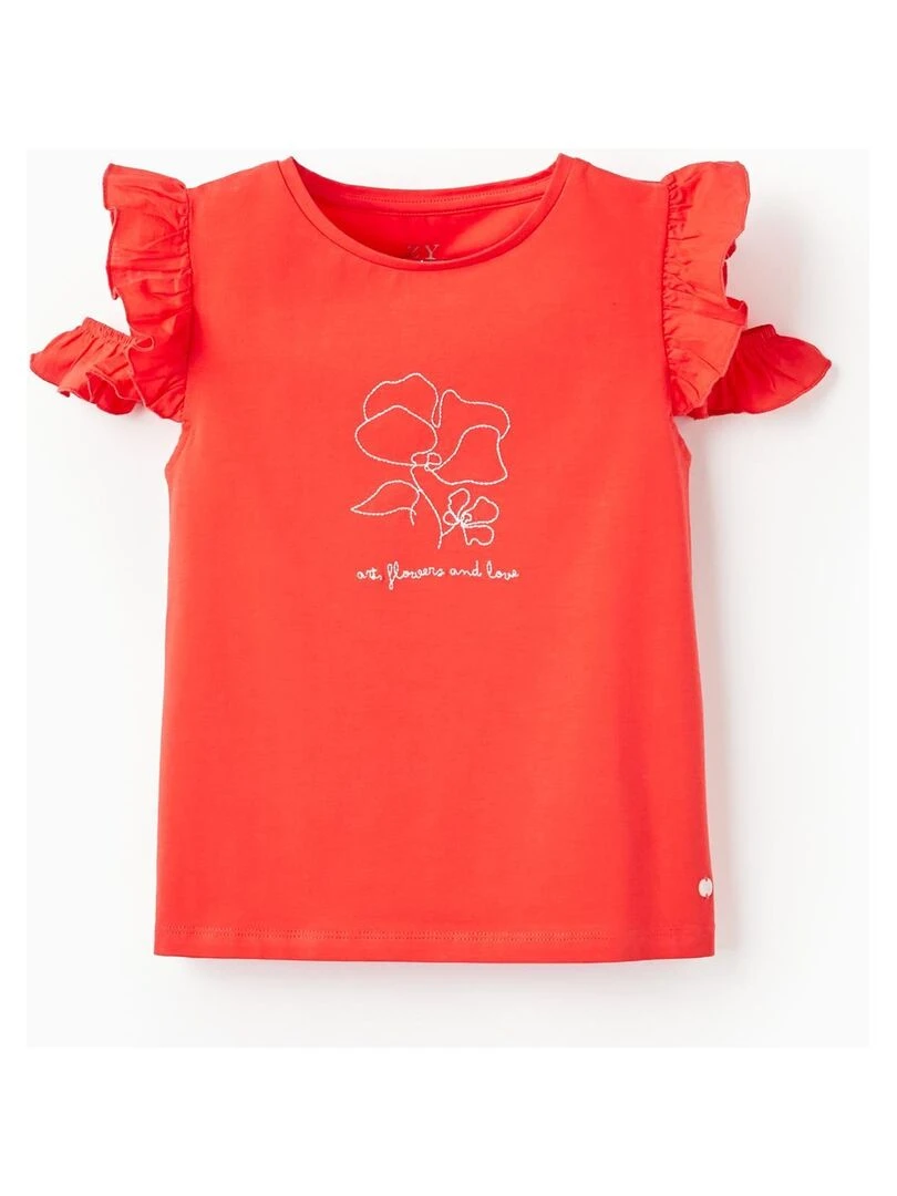 T Shirt En Coton à Volants Pour Fille 'Fleurs' manches courtes PICASSO Rouge