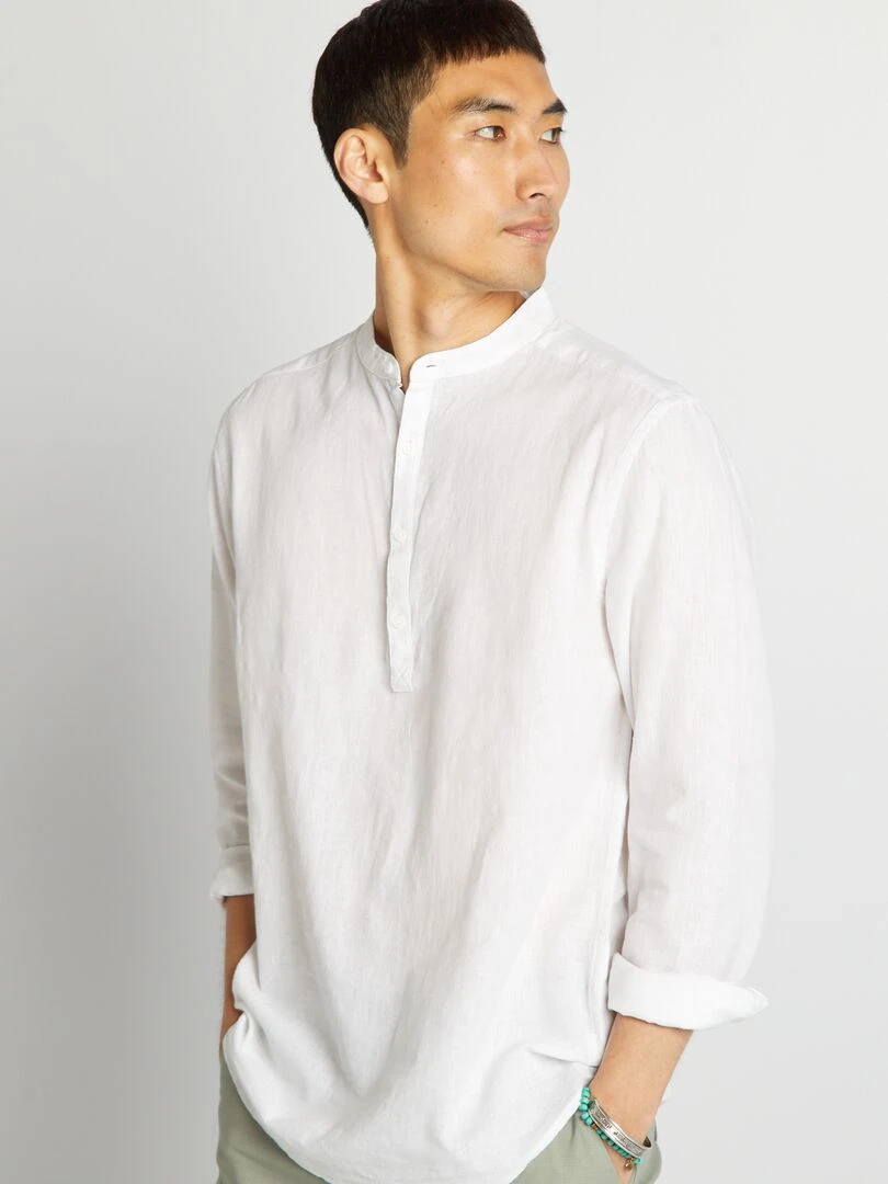 Chemise droite à col mao en lin mélangé blanc
