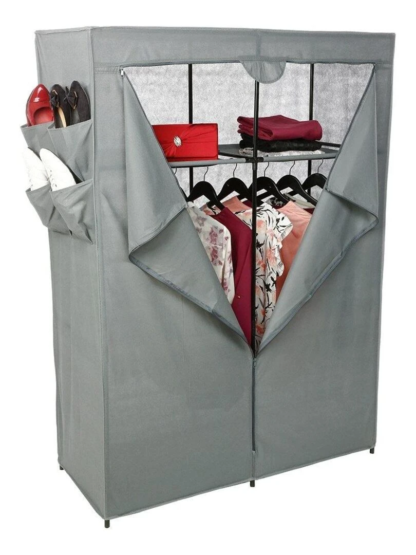 Armoire 2 penderies 2 étagères avec poches gris Gris