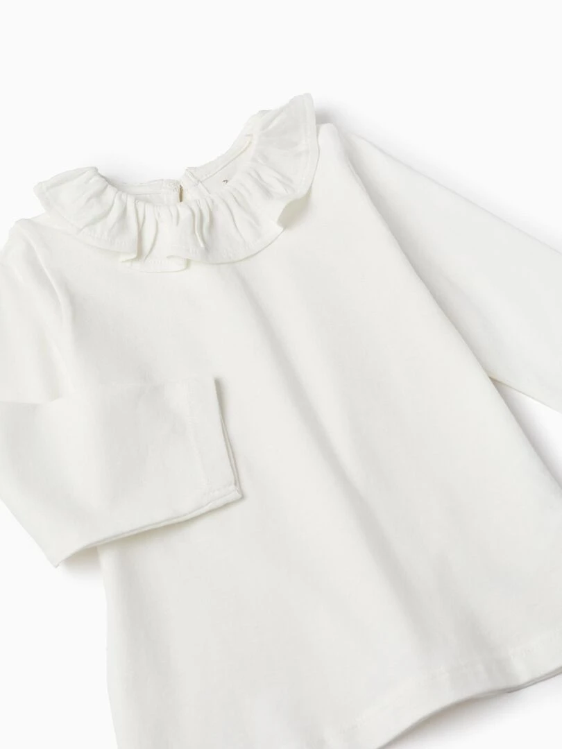T Shirt À Manches Longues Avec Col À Volants Pour Bébé Fille manches longues   Blanc