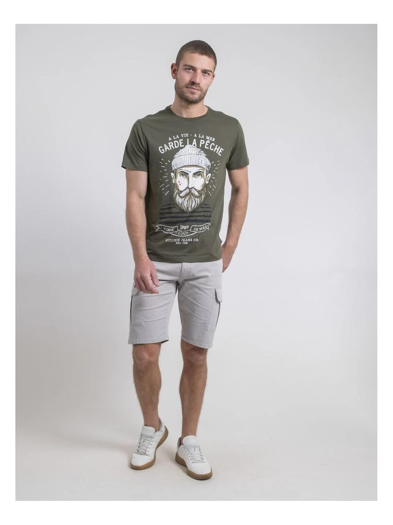 T shirt col rond pur coton NOULANDY   Kaki