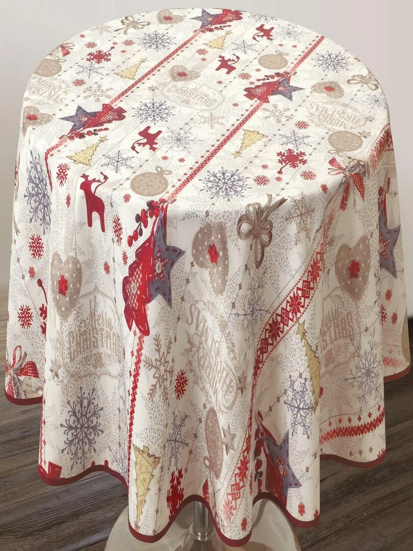 Nappe Anti taches Joyeux Noël   Ronde 160 cm   Blanc Rouge Gris