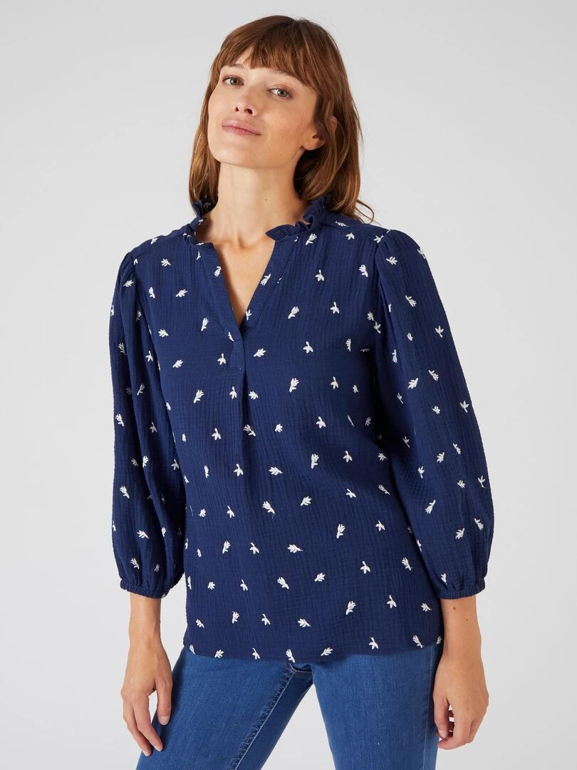 Blouse gaze de coton brodée Damart Bleu marine