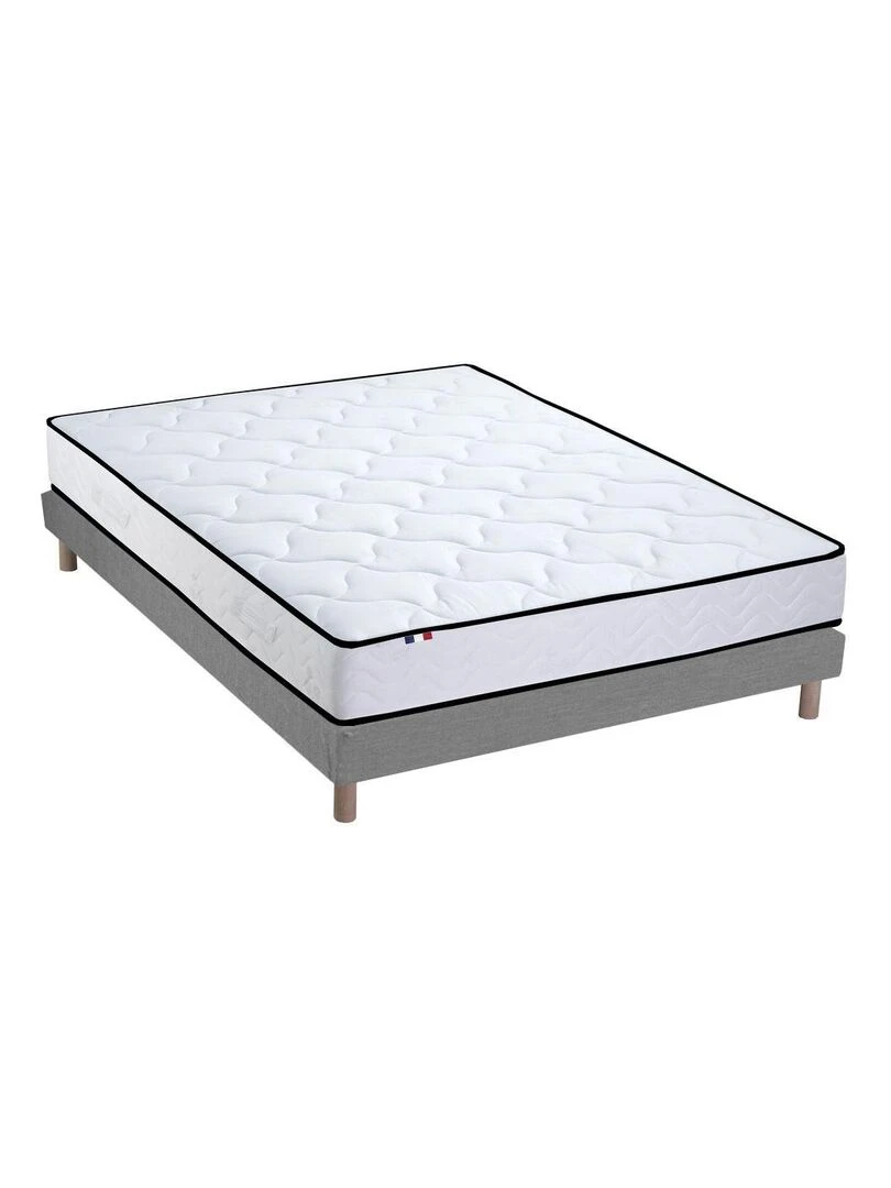 Ensemble Matelas Ressorts + Mémoire de forme + sommier ELOISE Made in France Sommier Gris chiné Blanc