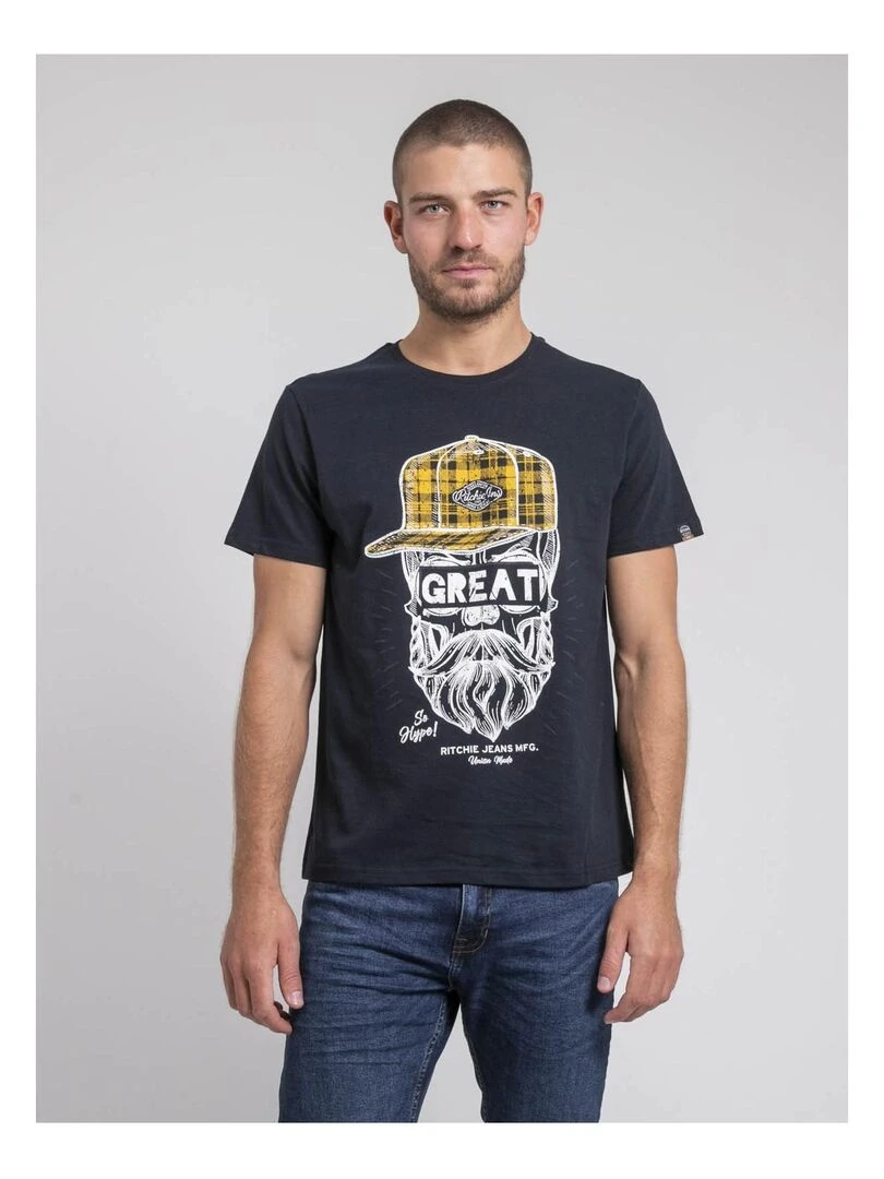 T shirt col rond pur coton JAMYTH Bleu marine