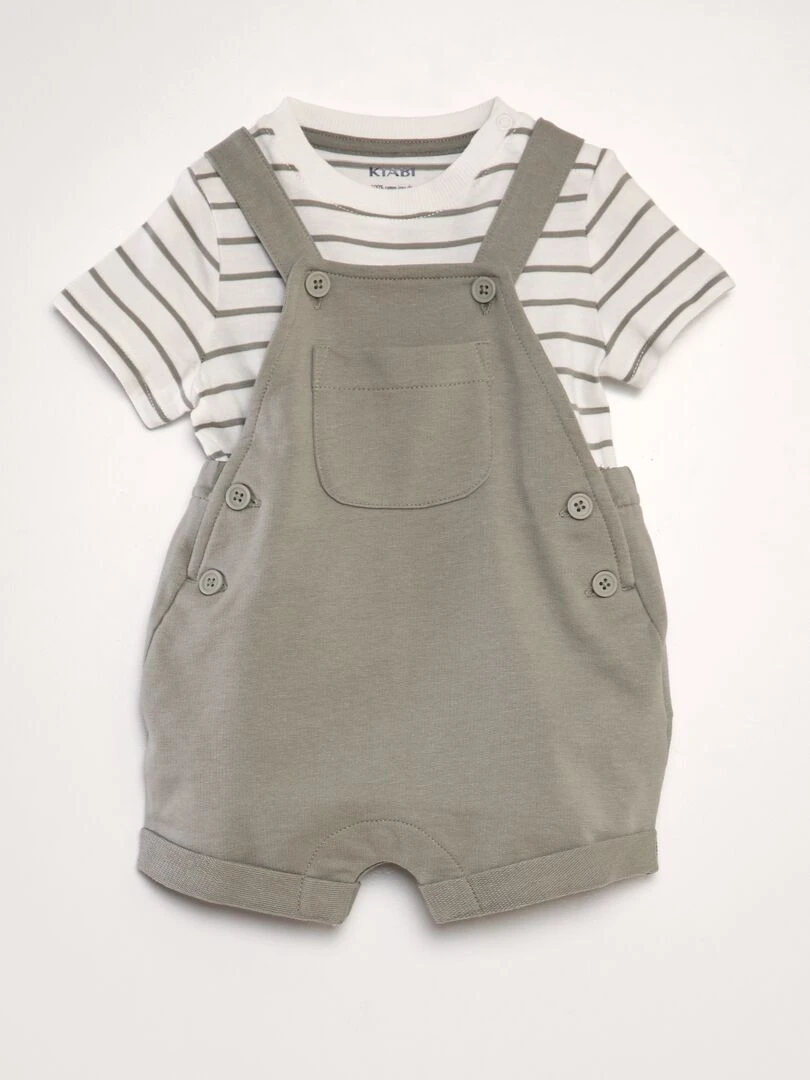 Ensemble salopette + short 2 pièces Kaki/blanc