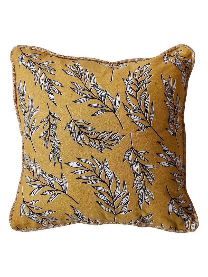 Coussin imprimé et galonné en corde de jute Jaune