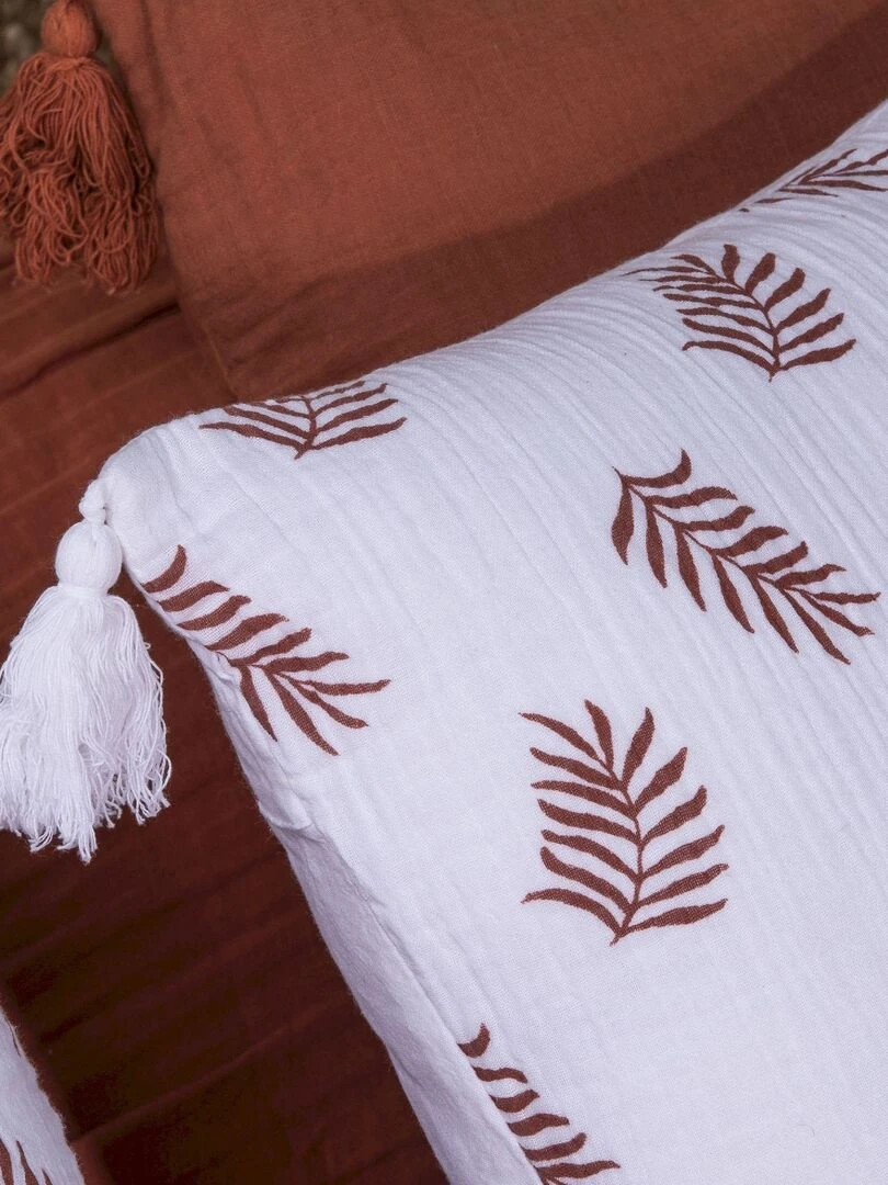 Coussin en double gaze de coton avec imprimé feuillage 'Deko&co'   Blanc Rouge