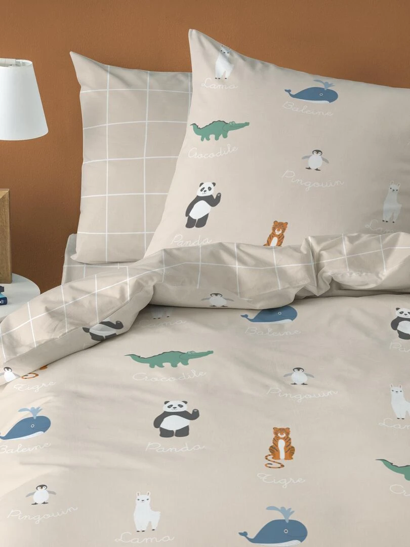 Parure de lit imprimée 100% coton ANIMAUX DU MONDE Beige
