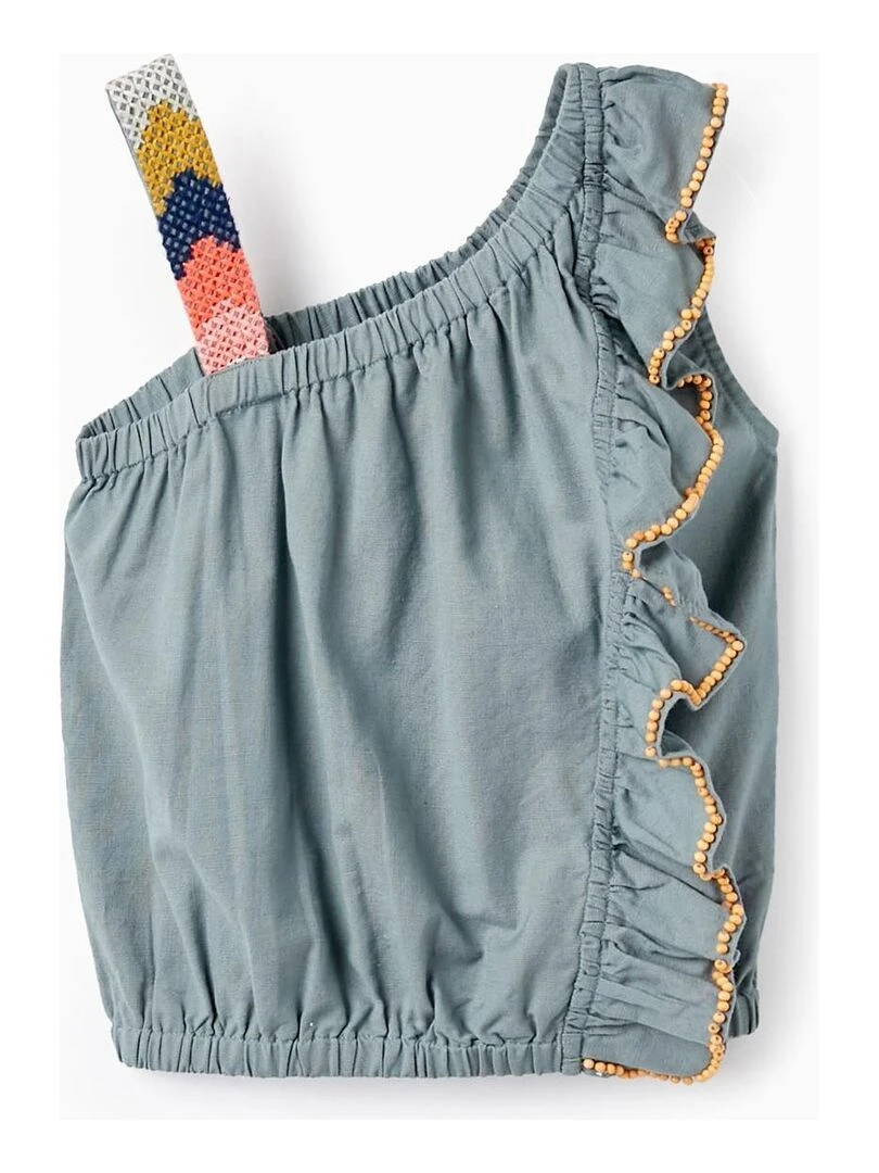 Haut En Coton Et Lin Avec Broderies Et Perles Pour Fille manches courtes Vert