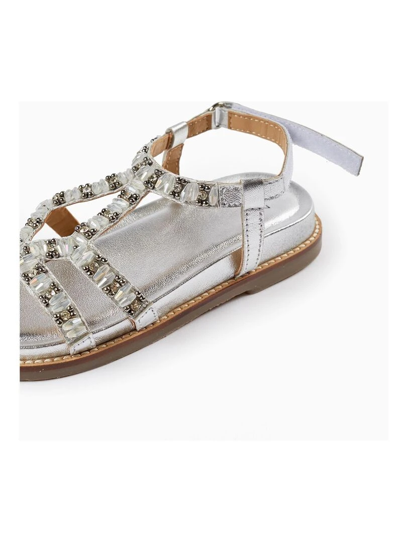 Sandales en cuir avec perles pour fille  CÉRÉMONIE   Gris
