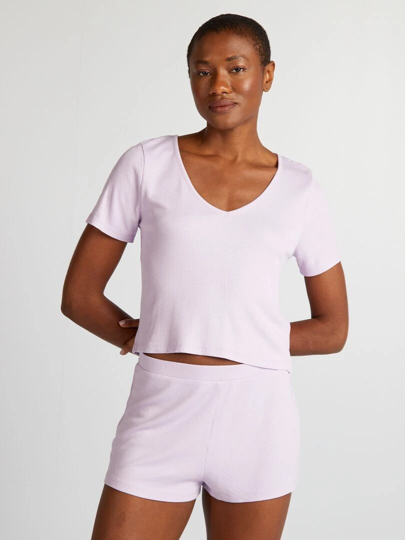 Pyjama short maille côtelée   2 pièces   Violet