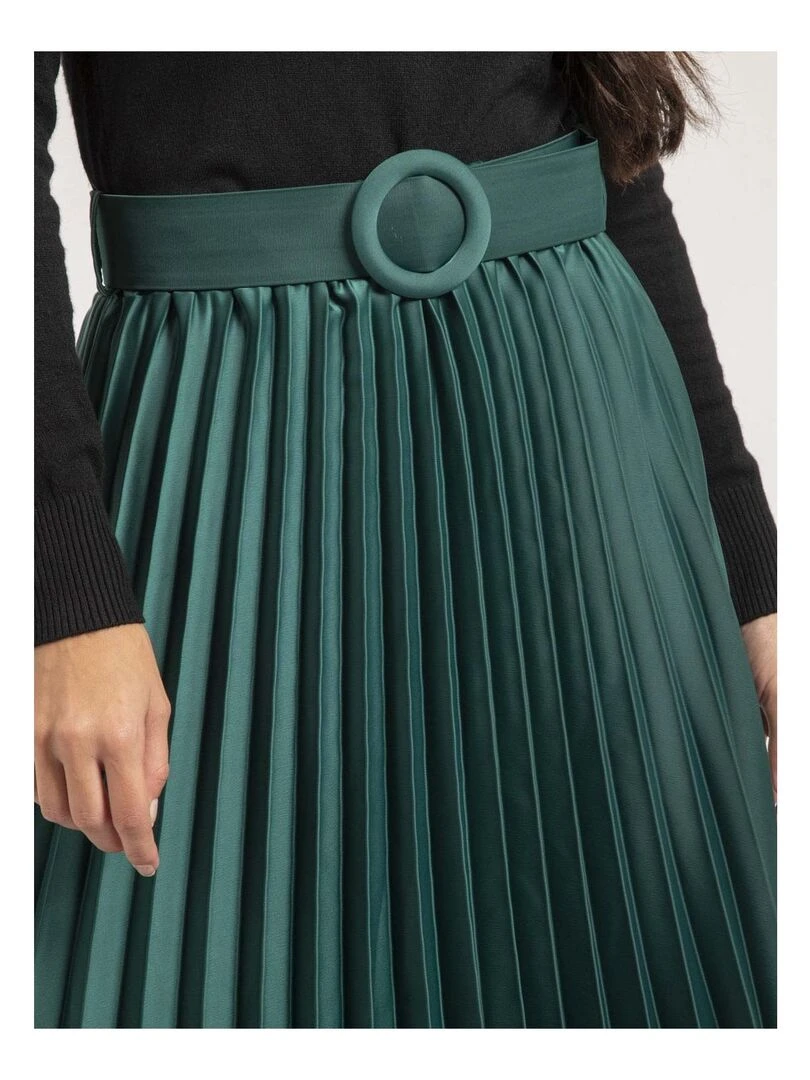 Jupe mi longue plissée satin et ceinture XOLIA   Vert forêt