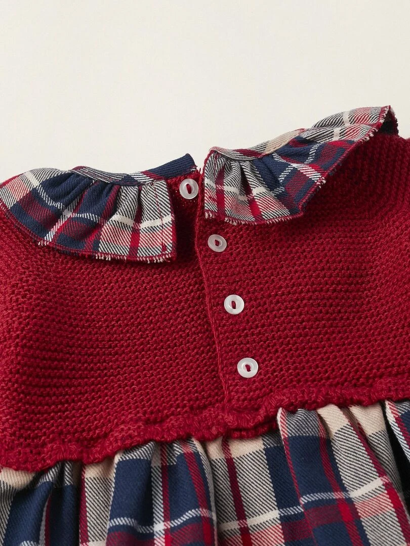 Robe à carreaux en maille et coton pour nouveau né 'B&S' manches longues  NOËL   Rouge foncé