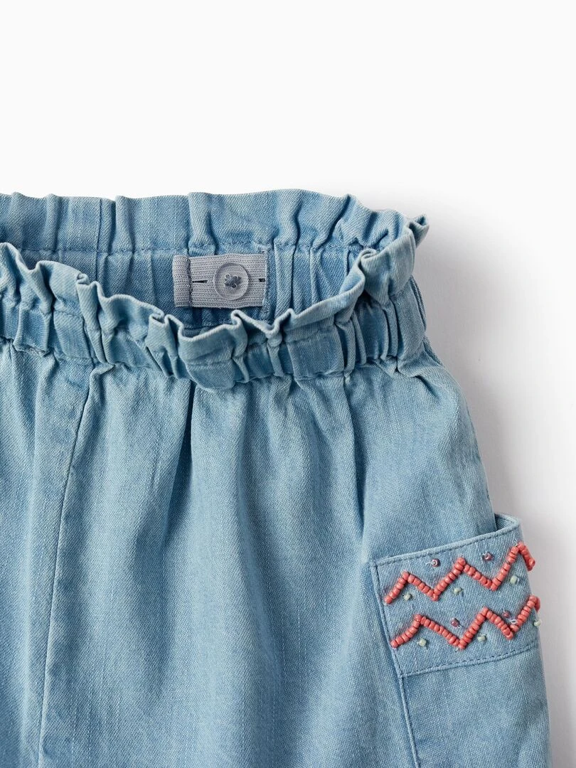 Shorts Paperbag en Denim de Coton avec Perles pour Fille  SICILIAN DAYS   Bleu