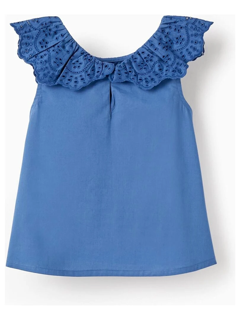 Haut En Coton Avec Broderie Anglaise Pour Fille manches courtes PICASSO Bleu