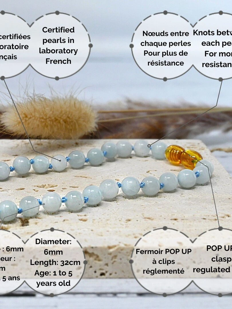 Collier Bébé   Pierres naturelles : Aigue Marine   Bleu clair