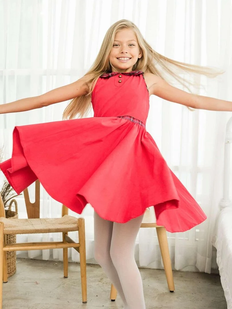 Robe de Noël Fille Velours Rouge Col Claudine en Tartan HEPBURN 'LA FAUTE A VOLTAIRE' Rouge